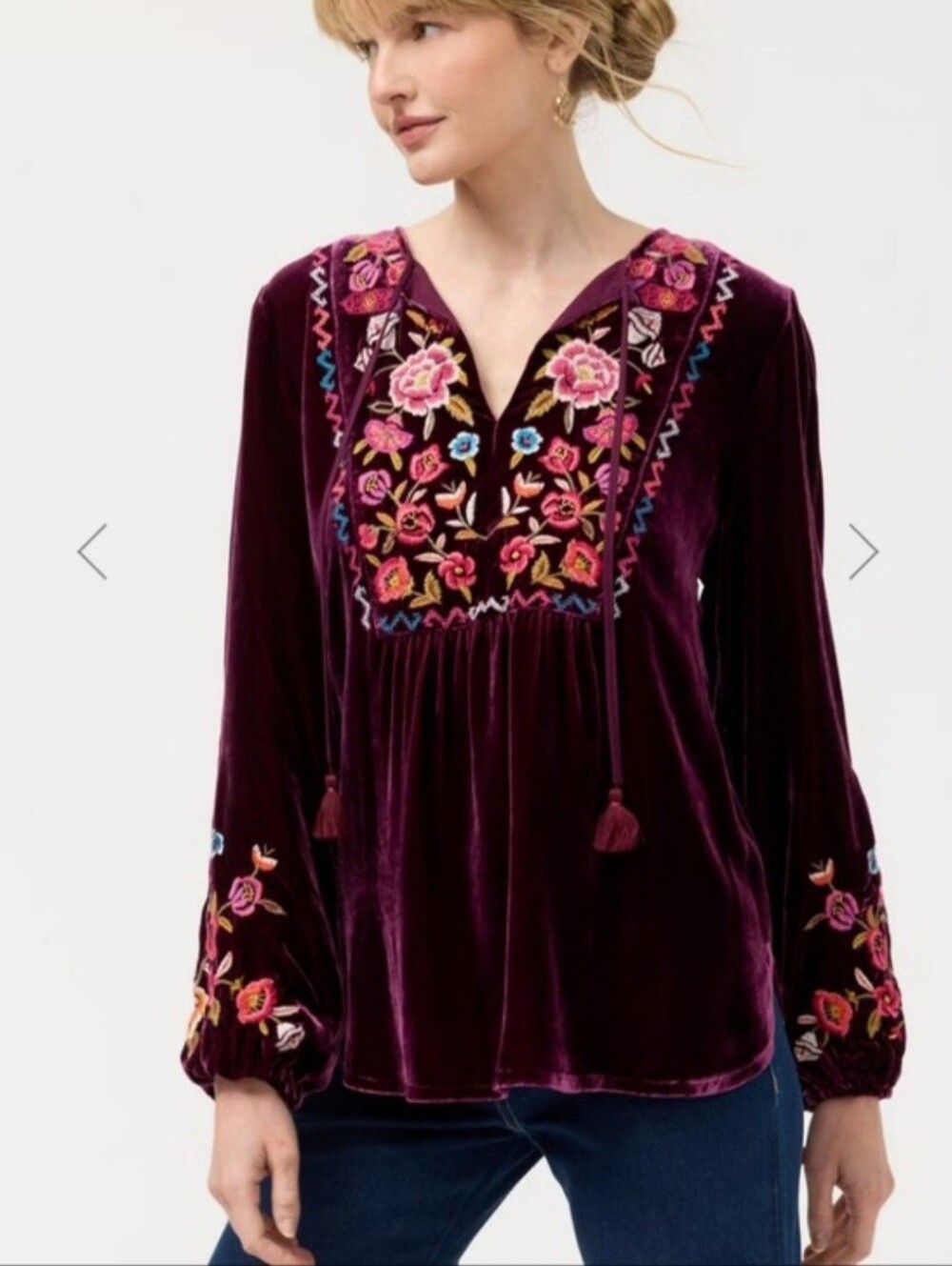 Johnny Was Embroidered Velvet Peasant Blouse - Plum Medium $348
